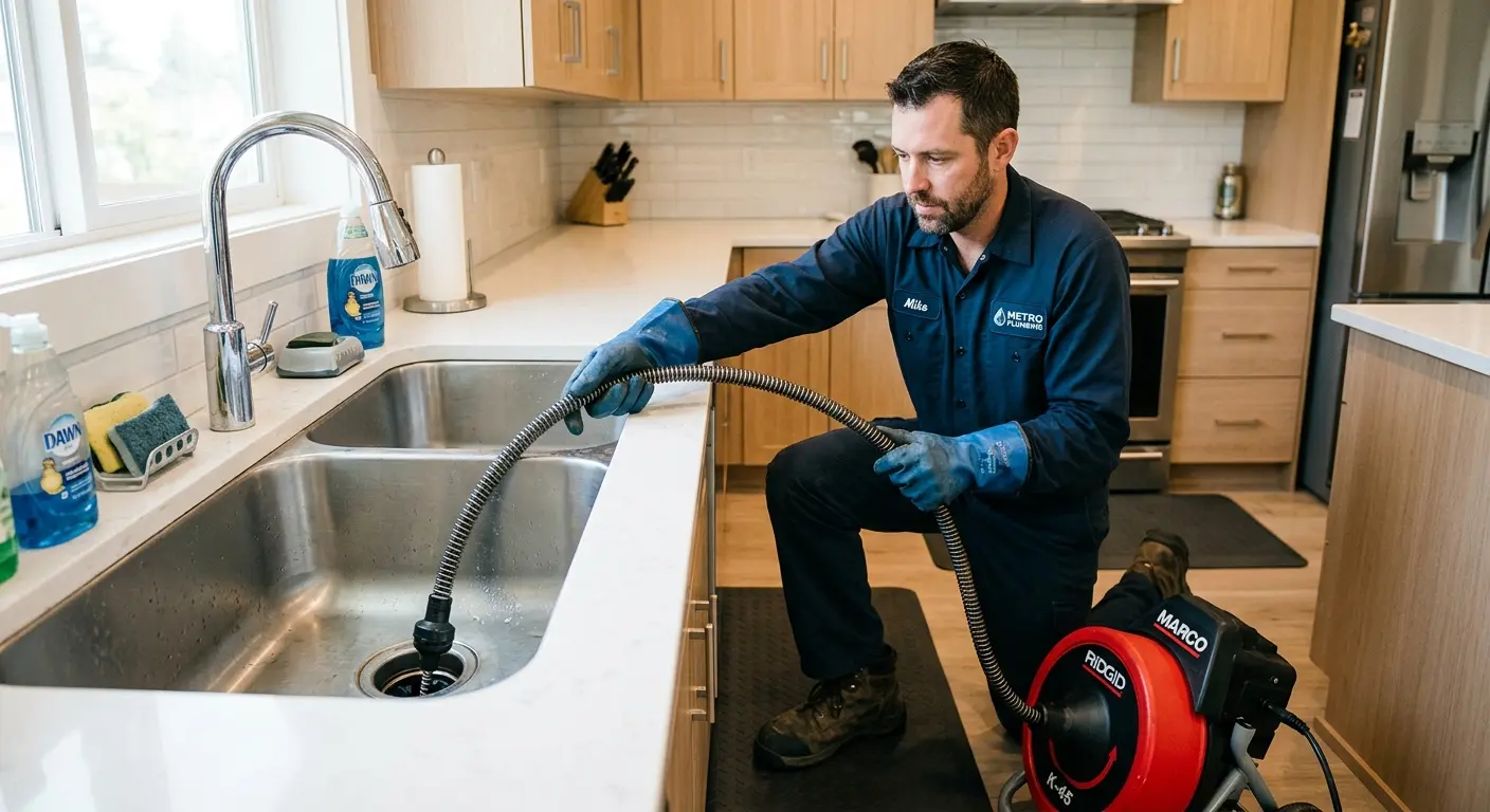 Drain cleaning technician using a motorized snake on a kitchen sink in Hybla Valley