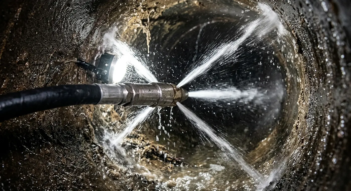 High-pressure hydro jetting nozzle cleaning sewer pipe for Sewer Cleanout in Hybla Valley