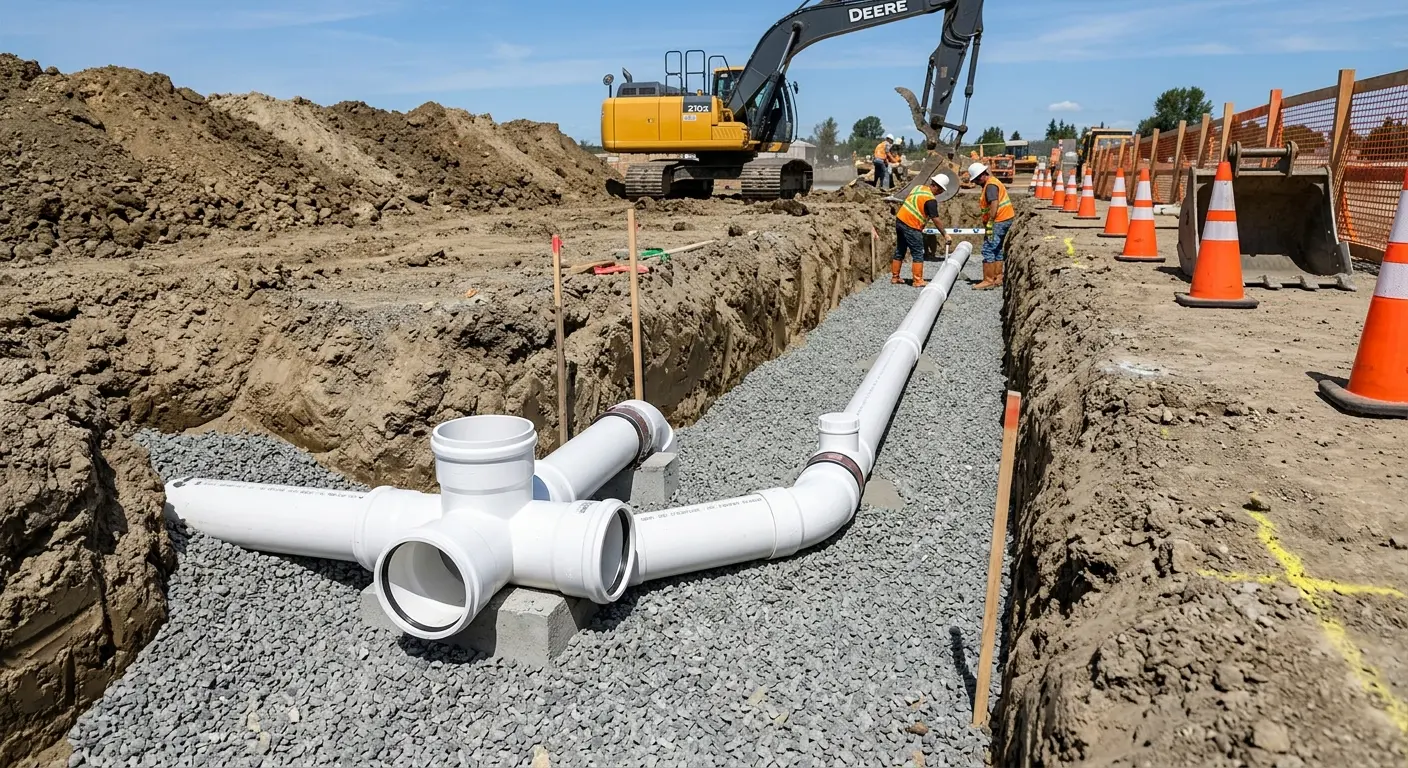 New PVC sewer pipe installation in open trench for Sewer Backup in Hybla Valley