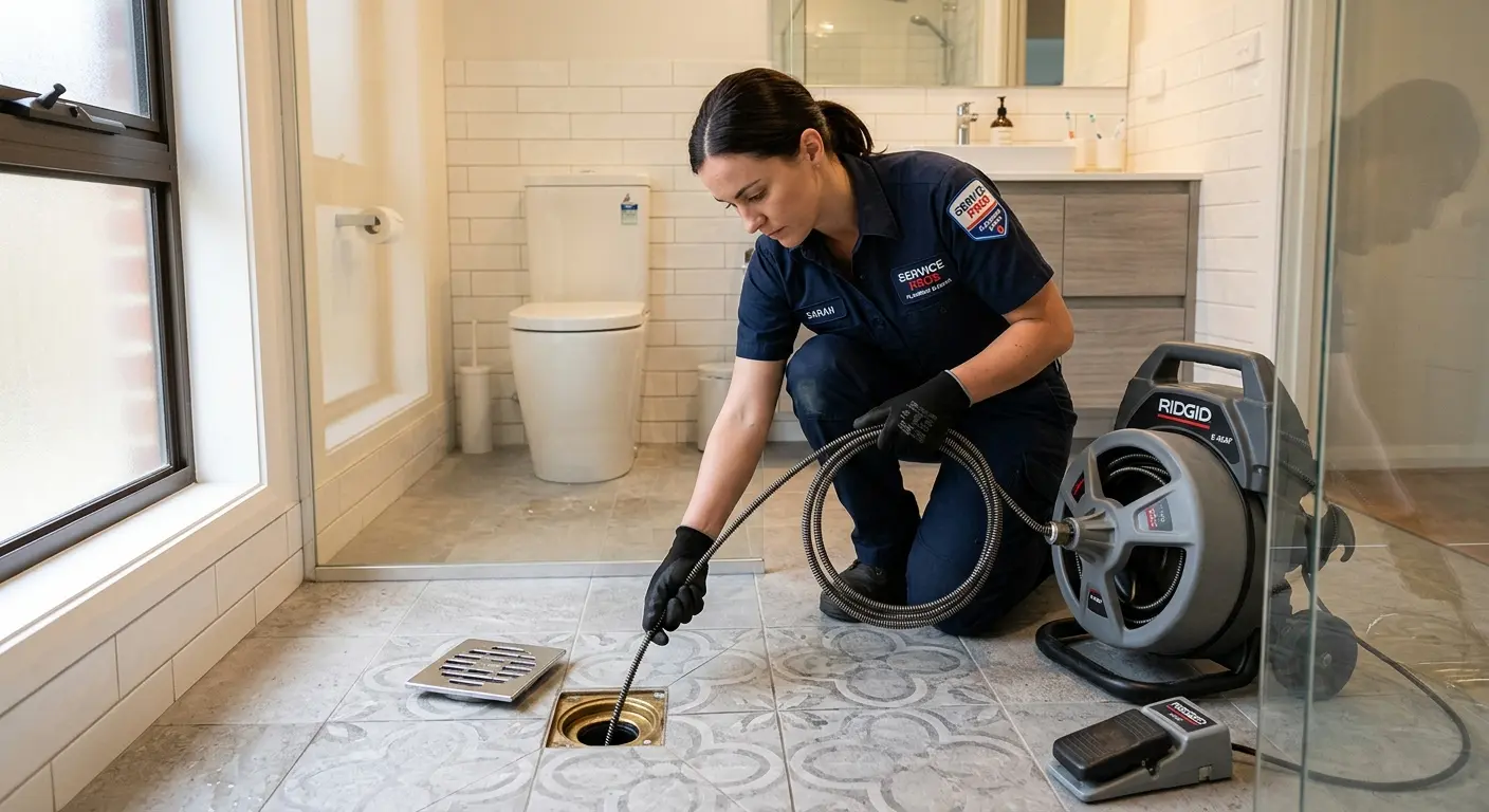 Technician clearing a bathroom floor drain for Drain Cleaning in Hybla Valley